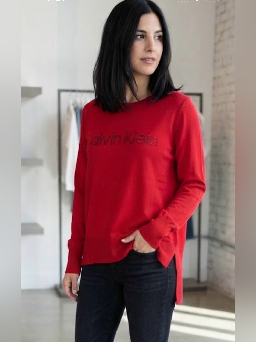 Calvin Klein Red Rhinestone Logo Sweater Tunic XL High Low Knit Pullover